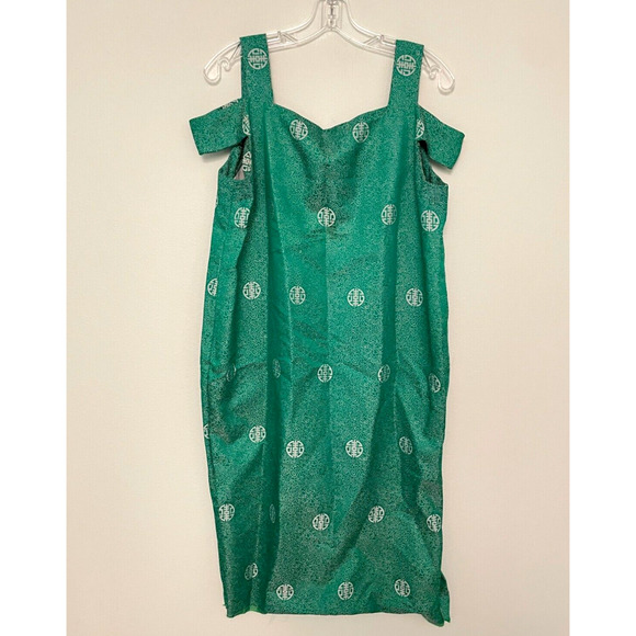 Vintage Handmade Womens Dress XXL Green Satin Embroidered Cold Shoulder Artsy - Picture 1 of 7